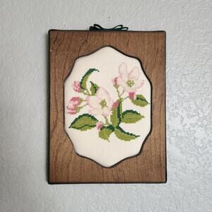 Vintage Framed Cross-Stitch Michigan Apple Blossom Cottagecore Cozy Home Decor